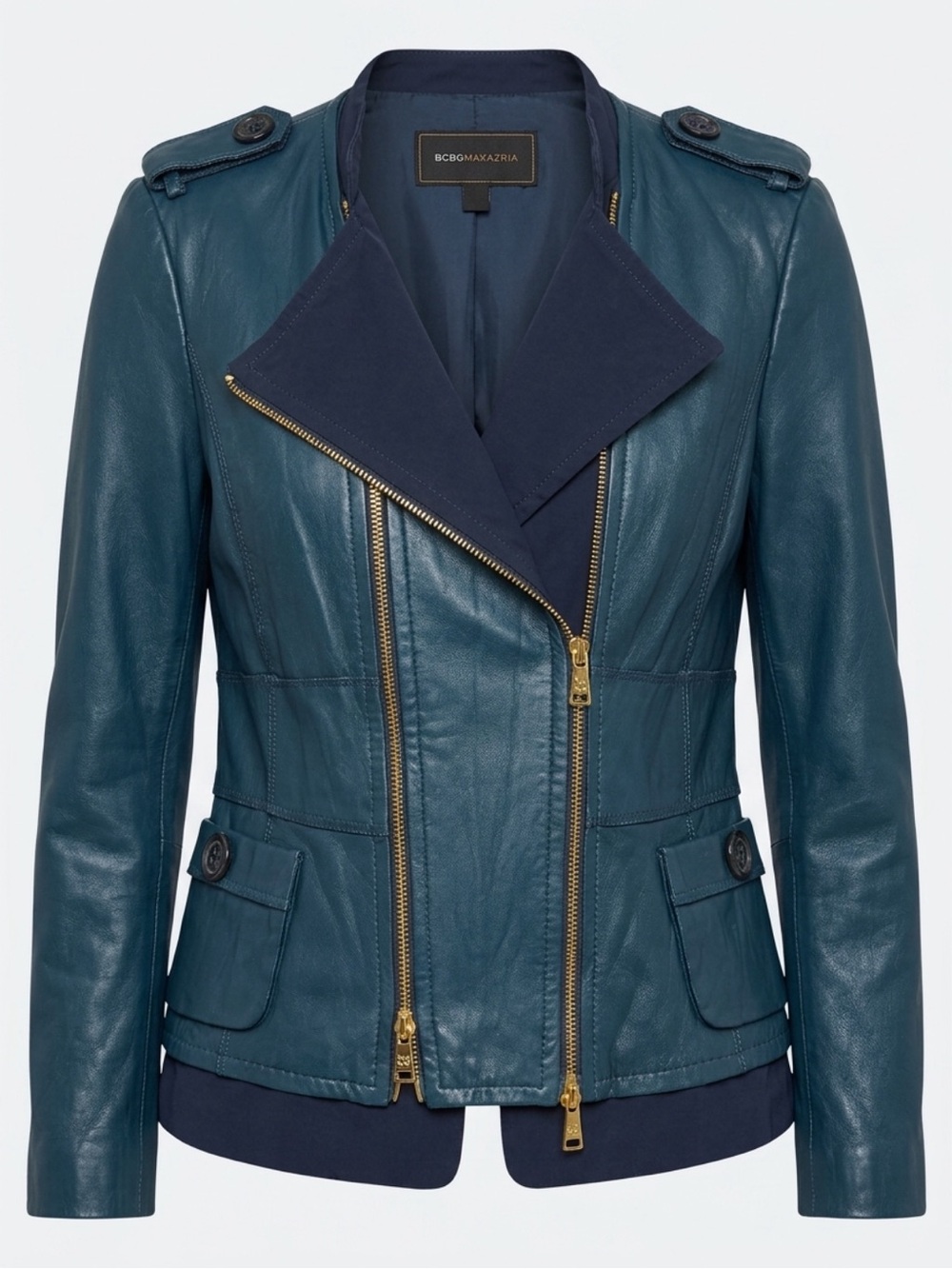 BCBGMaxAzria Teal Blue Leather Asymmetrical Zip Jacket